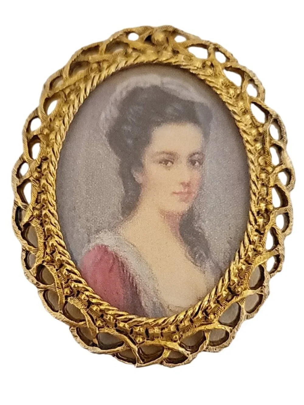 Florenza Gold Tone Cameo Print Lady's Portrait Brooch Pendant, Signed K565